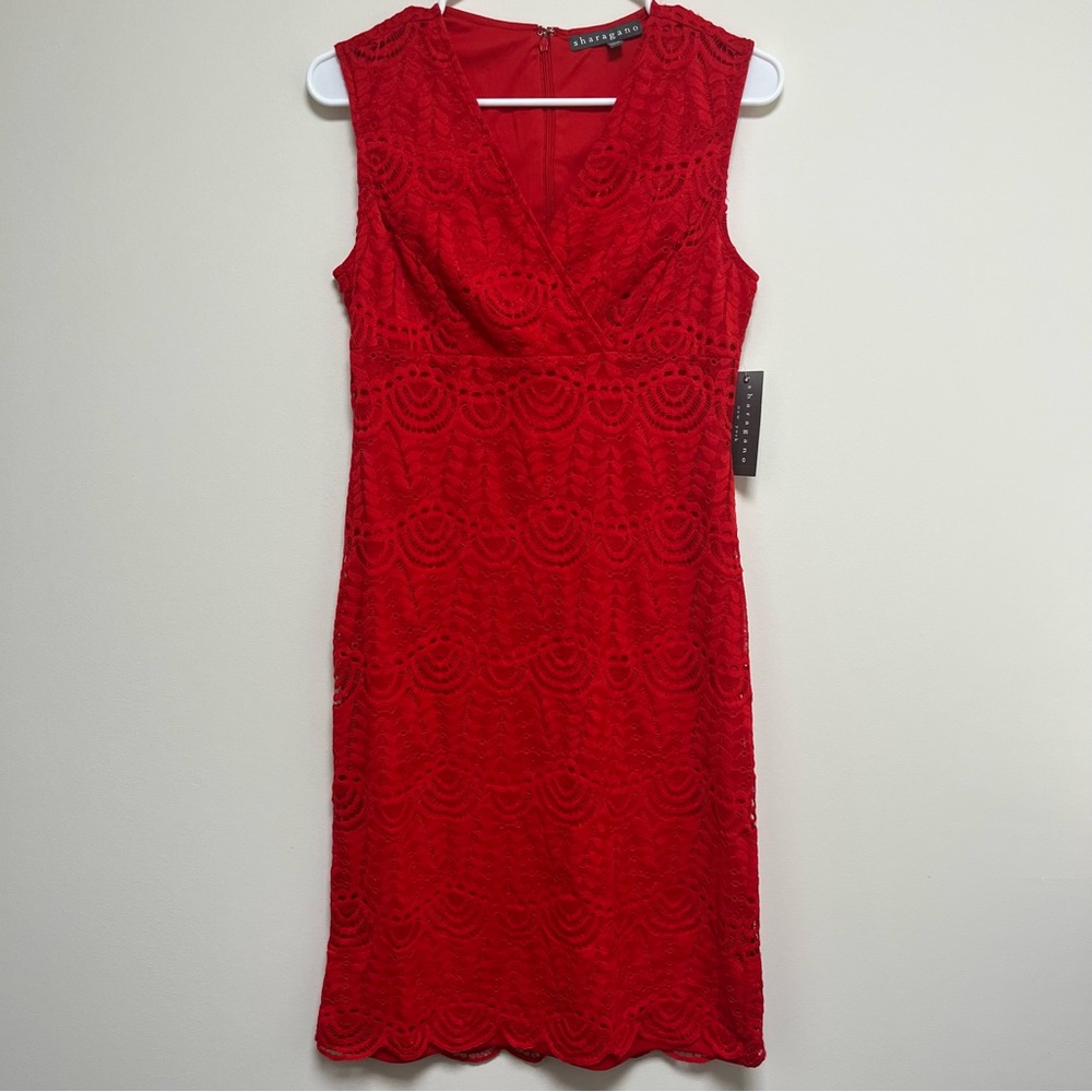 NWT‎ Sharagano red lace midi sleeveless dress size 4